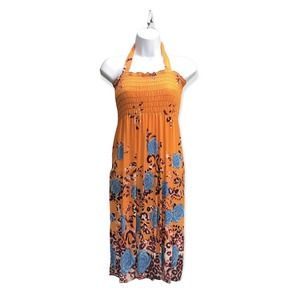 Golden Butterfly Sundress Womens XL Sleeveless Smocked Floral Knee High Orange